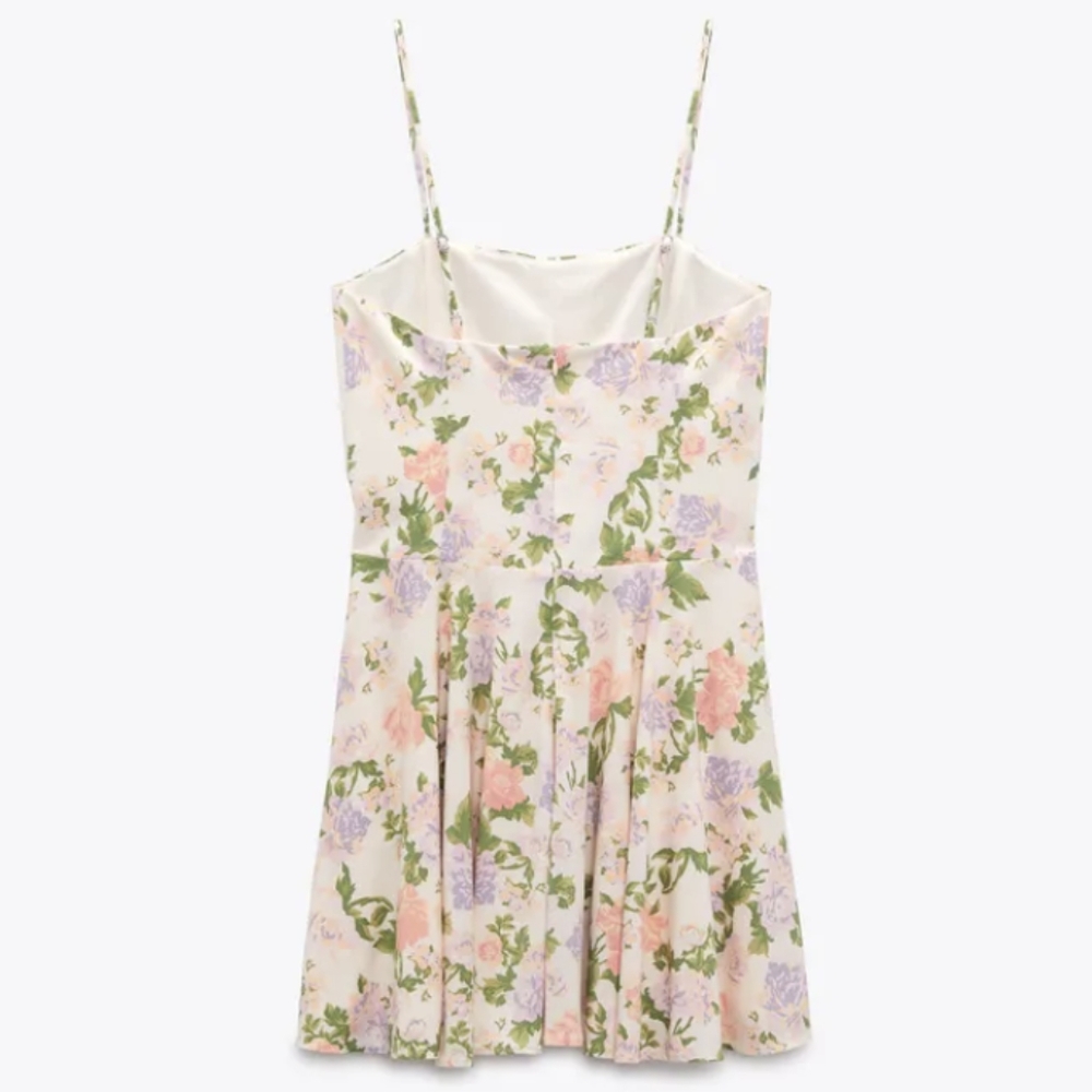 Zara Corset Style Spaghetti Strap Cream Floral Mini Dress Size Medium - Picture 4 of 12